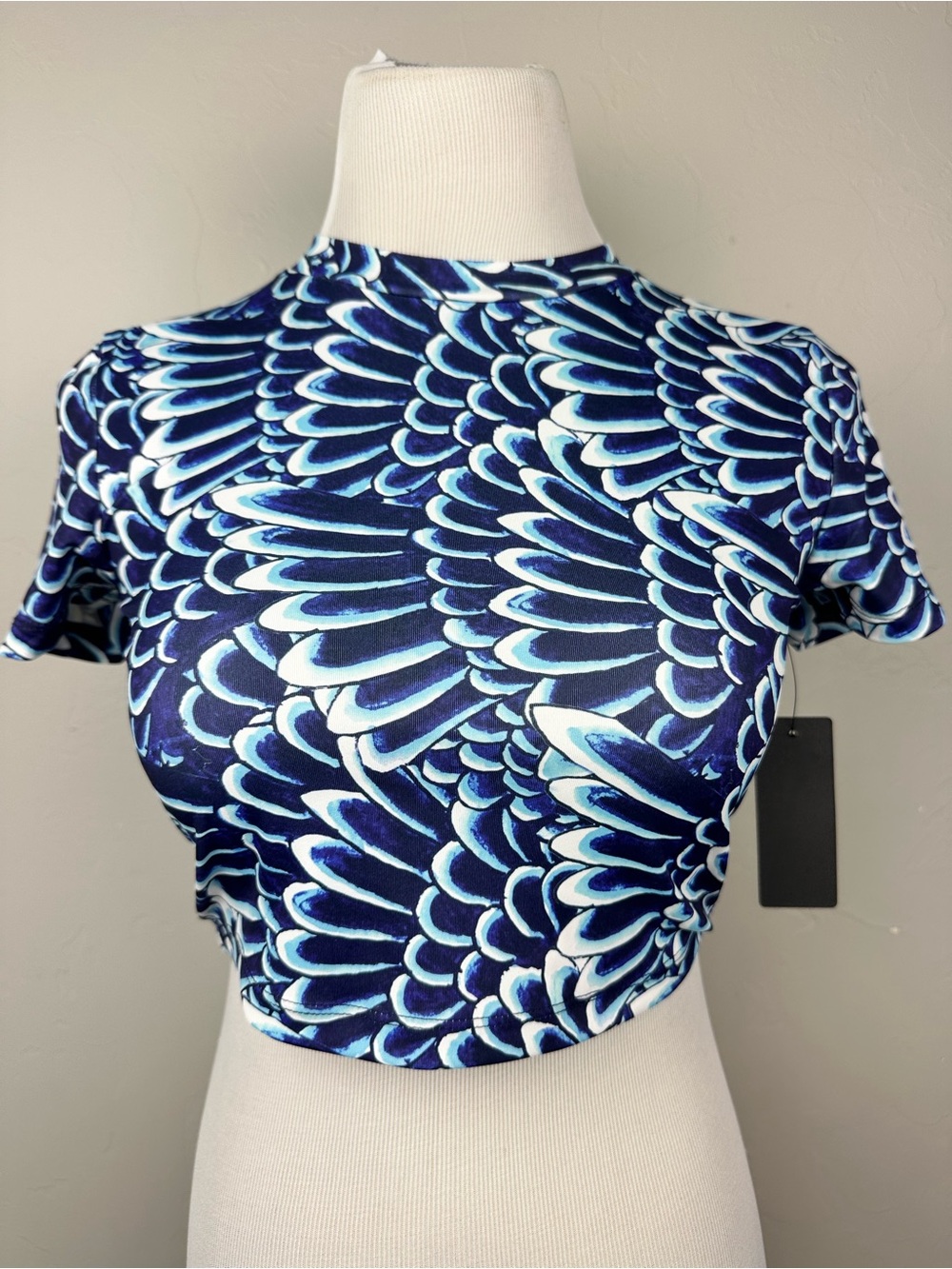 Ed Hardy Blue Abstract Mock Neck Baby Tee Crop Top NWT Size Small